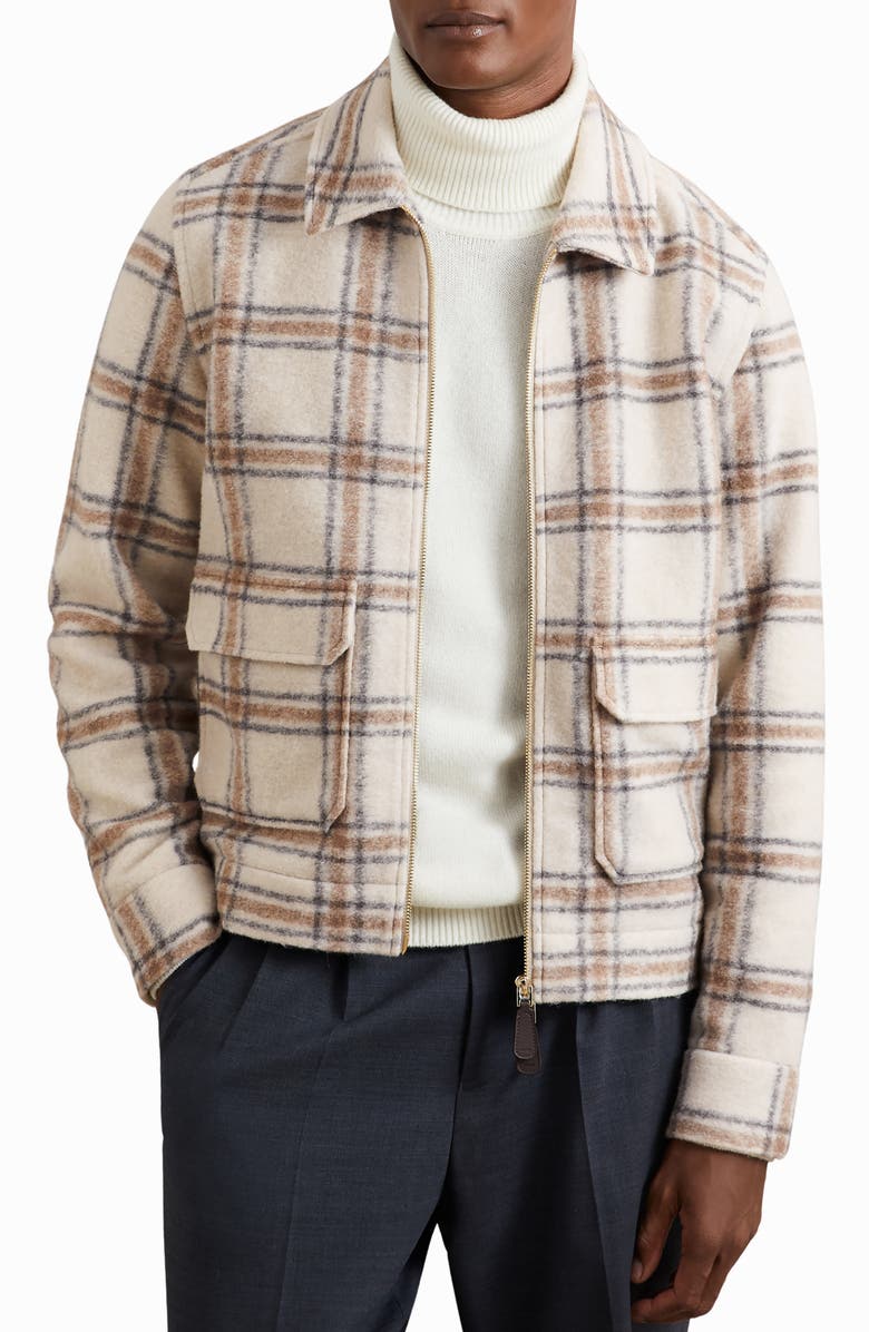 Reiss Varena Plaid Zip Shirt Jacket, Main, color, Stone