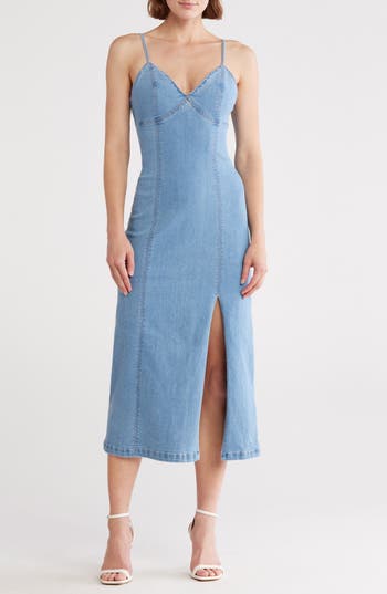 Habitual Empire Waist Cotton Blend Chambray Maxi Dress In Blue