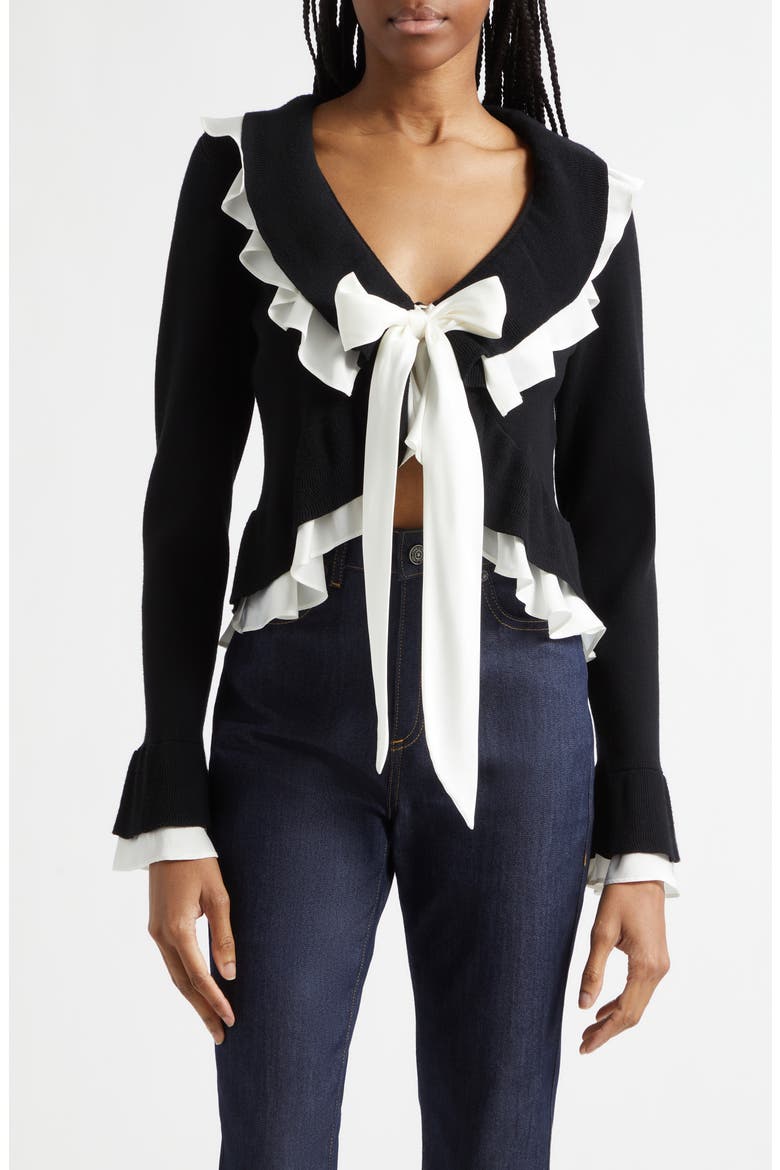 Melinda Ruffle Tie Front Cardigan, Main, color, BLACK/ GARDENIA