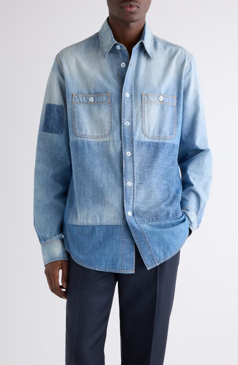 Givenchy Rip & Repair Cotton Chambray Button-Up Shirt, Main, color, Light Blue