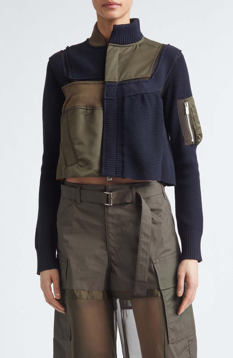 Sacai Patchwork Mixed Media Crop Jacket, Main, color,