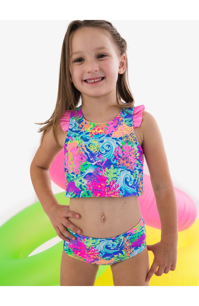 RuffleButts UPF50+ Sun Protected Racerback Flutter Tankini 2-Piece Swimsuit, Alternate, color, Neon Ocean Coral
