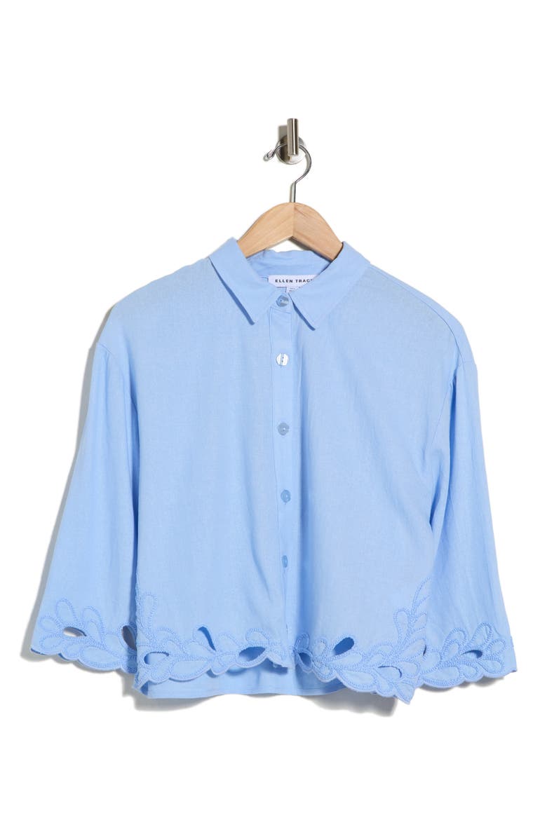 Embroidered Crop Button-Up Shirt, Alternate, color, HYDRANGEA