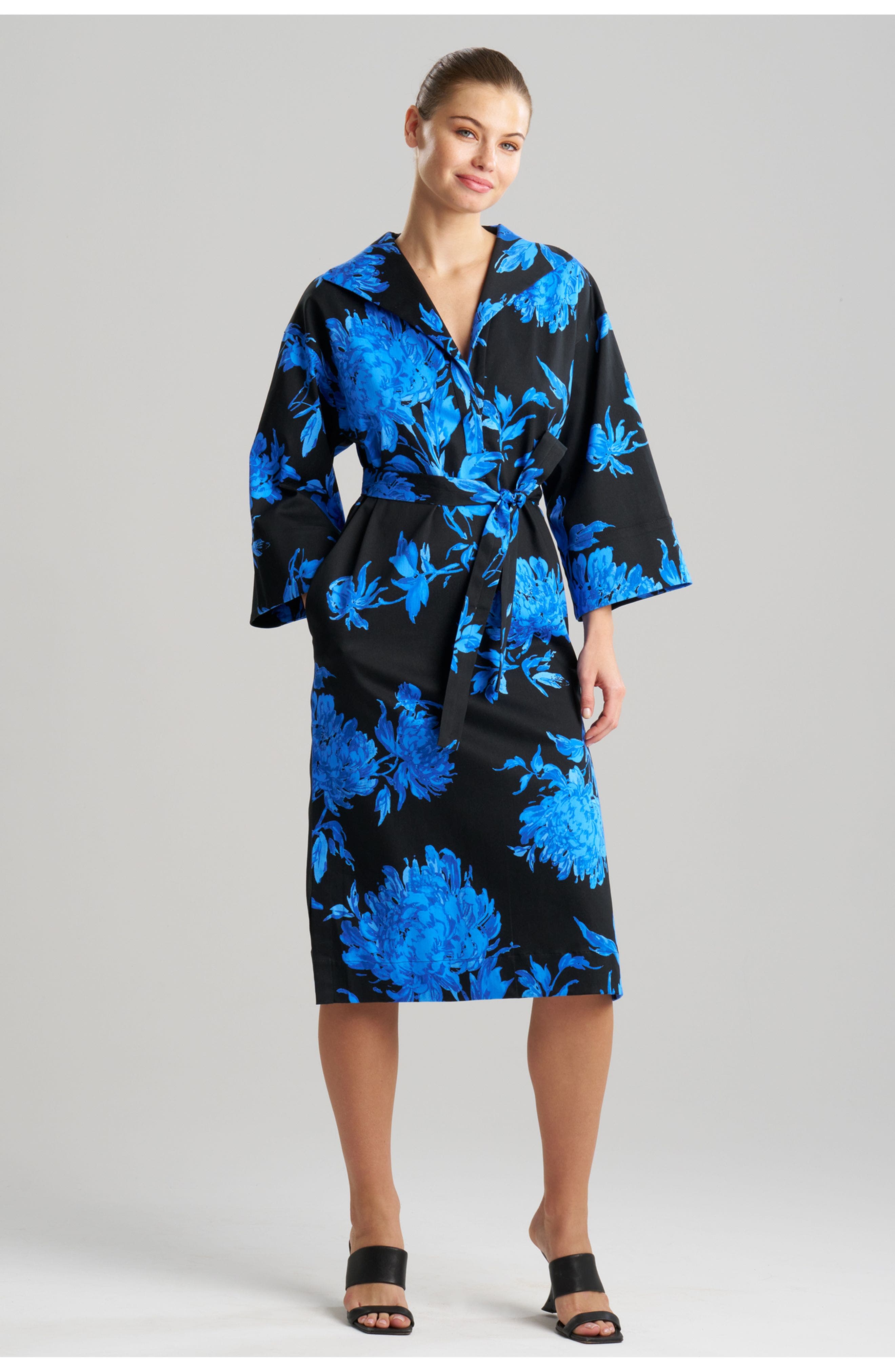 Natori Miyako - Printed Cotton Chino Kimona Shirt Dress in Blue W/Black 