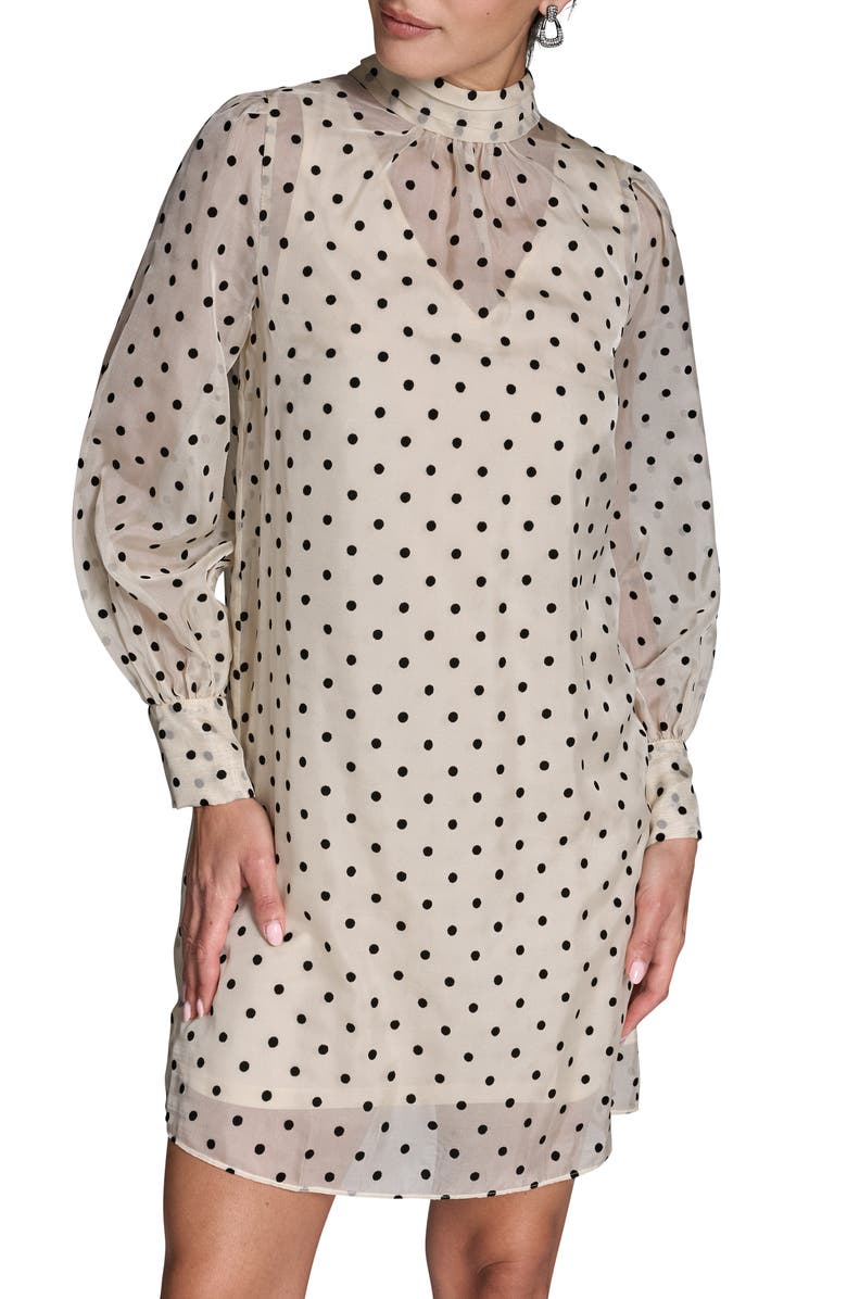 BCBG Flocked Polka Dot Long Sleeve Shift Dress, Alternate, color, Ivory/ Black