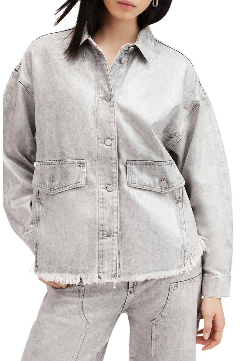 Hettie Raw Hem Denim Shacket, Main, color, COATED SILVER