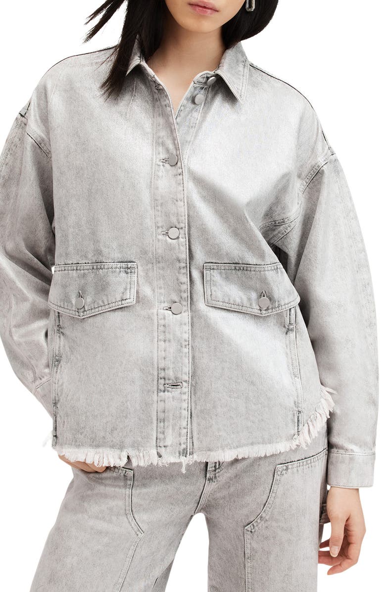 AllSaints Hettie Raw Hem Denim Shacket, Main, color, Coated Silver