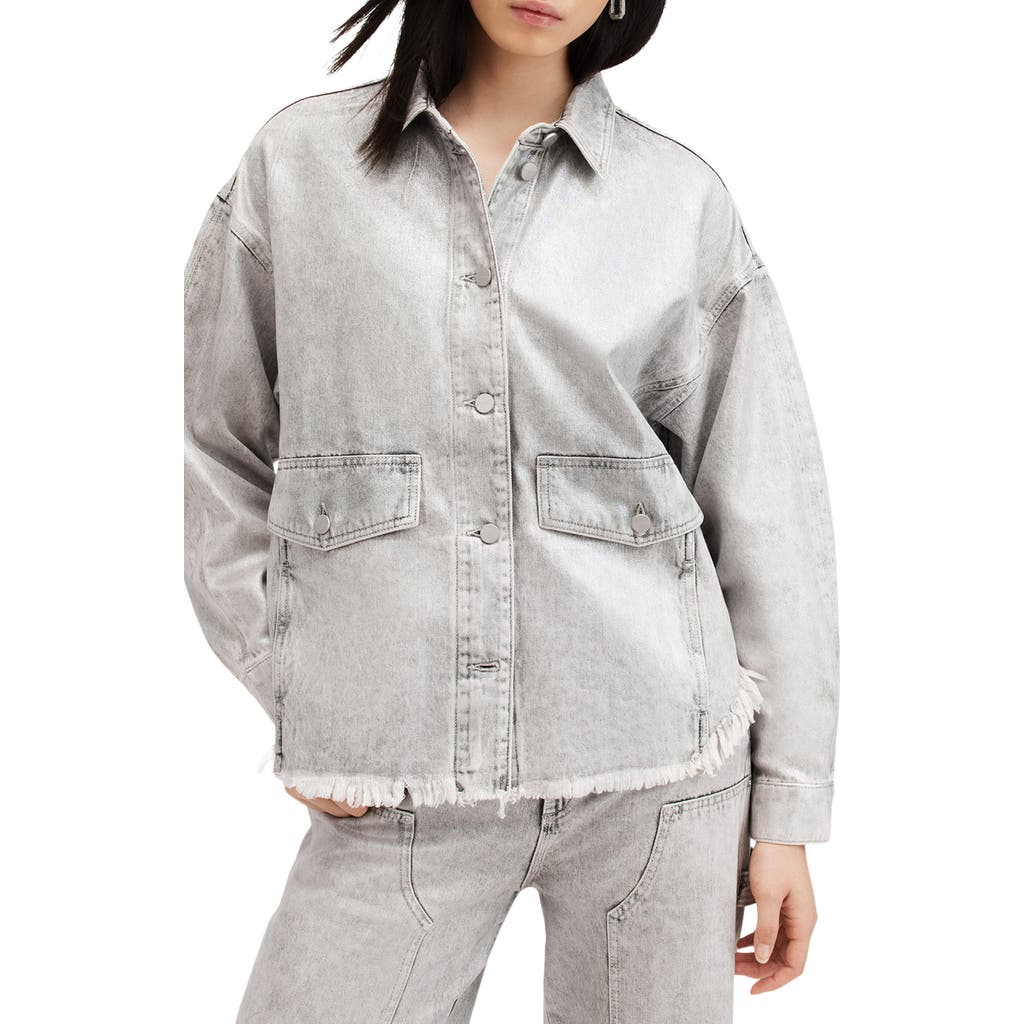 Allsaints Hettie Oversized Denim Shacket In Coated Silver