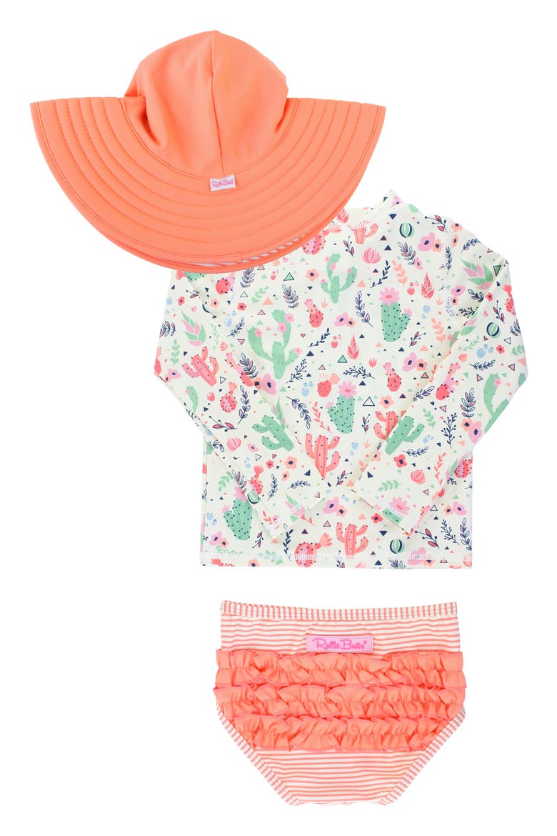 Desert Blossoms Two-Piece Rashguard Swimsuit & Floppy Hat Set, Alternate, color, WHITE