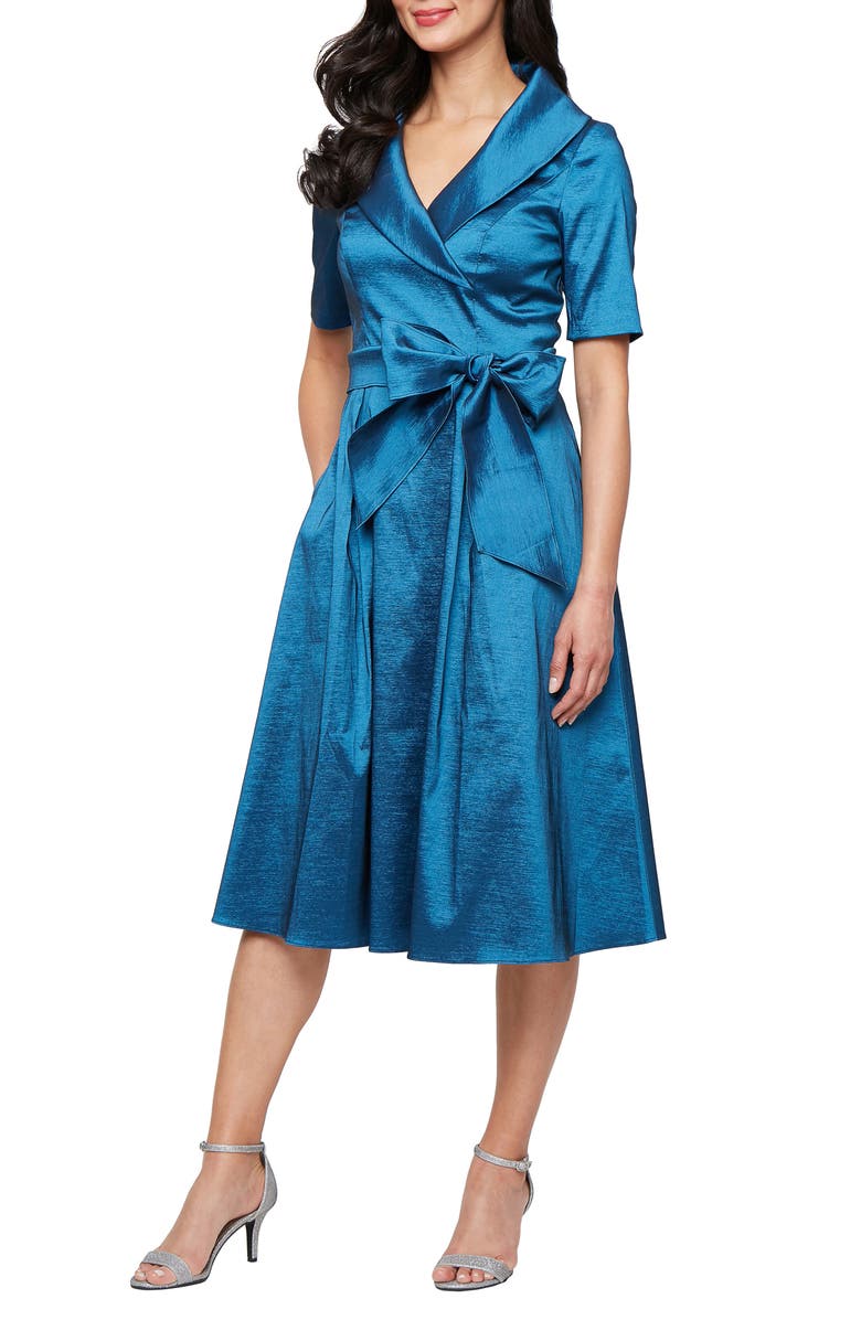 Alex Evenings Stretch Taffeta Faux Wrap Midi Cocktail Dress, Main, color, Deep Blue