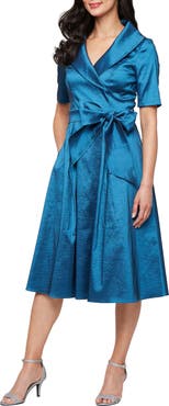 Alex Evenings Stretch Taffeta Faux Wrap Midi Cocktail Dress