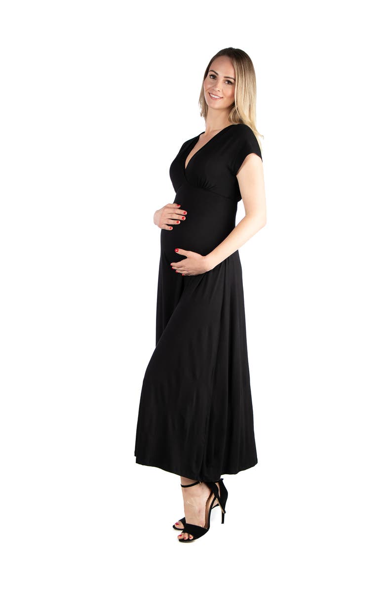 24seven Comfort Apparel Maternity Cap Sleeve V-Neck Maxi Dress, Alternate, color, Black