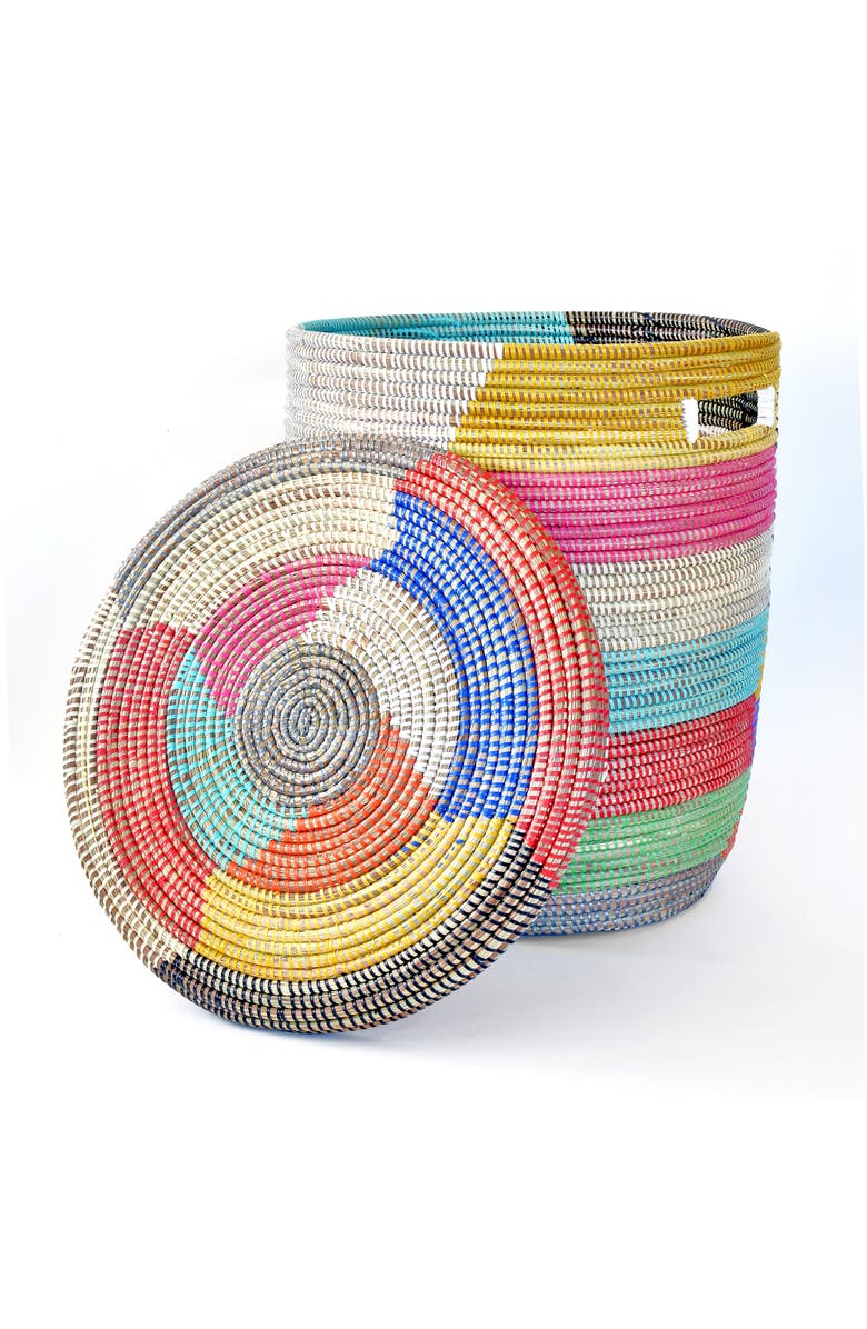African Modern Rainbow Herringbone Lidded Storage Basket, Alternate, color, 