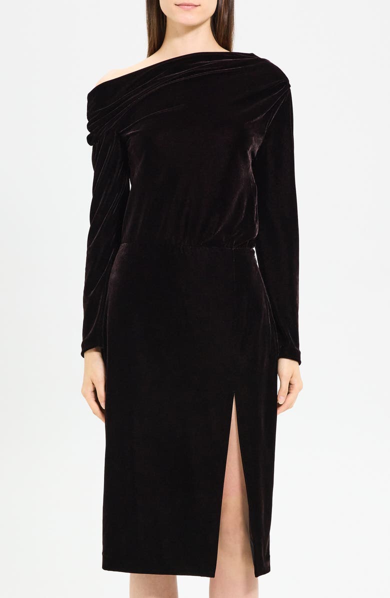 Theory Off the Shoulder Long Sleeve Stretch Velvet Dress, Alternate, color, Mink