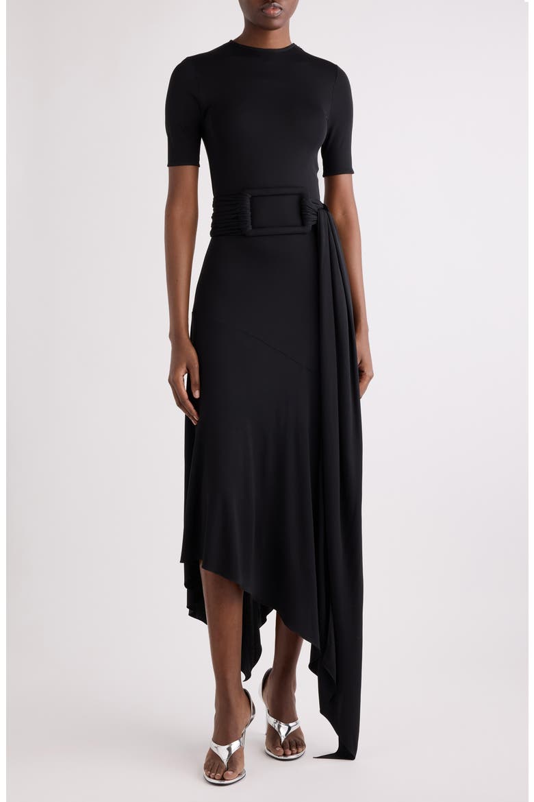Belted Bias Cut Fluid Jersey Asymmetric Dress, Main, color, NOIR ALAIA