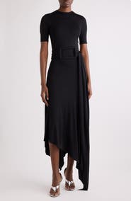 Alaïa Belted Bias Cut Fluid Jersey Asymmetric Dress