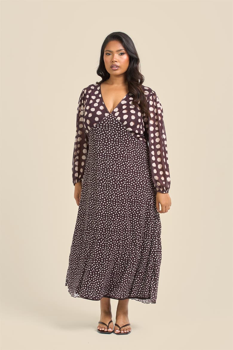 Plus Size Polka Dot Mesh Midi Dress, Alternate, color, Brown