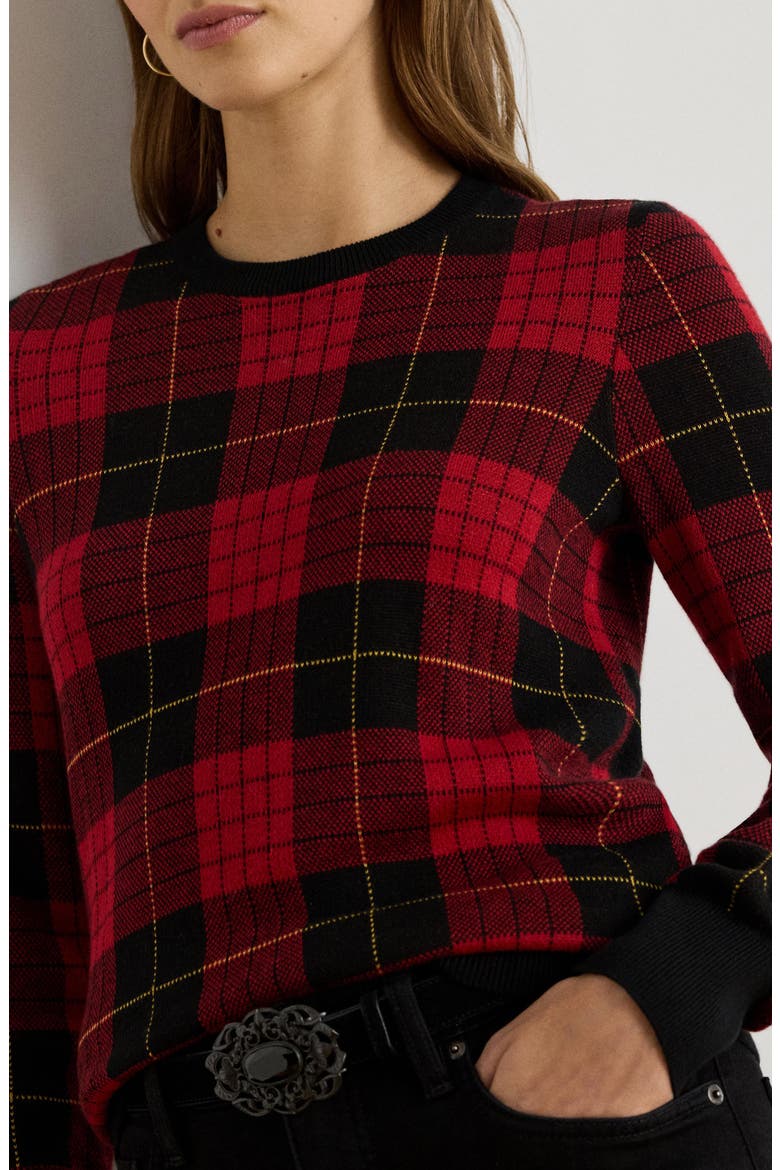 Plaid Crewneck Cotton Blend Sweater, Alternate, color, BLACK/ RED MULTI