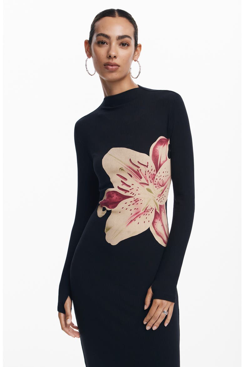 Lilly Print Long Sleeve Rib Midi Sweater Dress, Alternate, color, BLACK