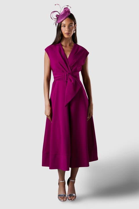 Belted Crepe V-Neck Midi Dress