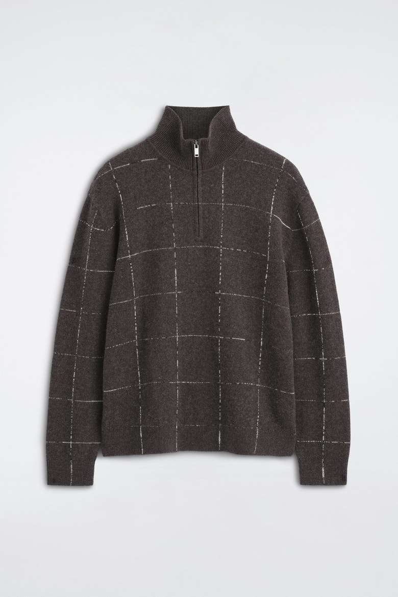Checked Wool-Cotton Zip-Up Sweater, Alternate, color, BROWN / CHECKED