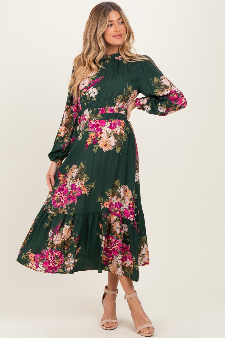 Floral Long Sleeve Midi Dress, Alternate, color, Forest Green