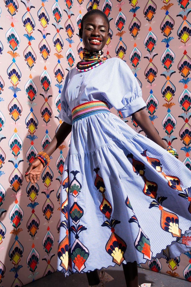 Embroidered Striped Cotton Dress, Alternate, color, White / Blue Multicolo