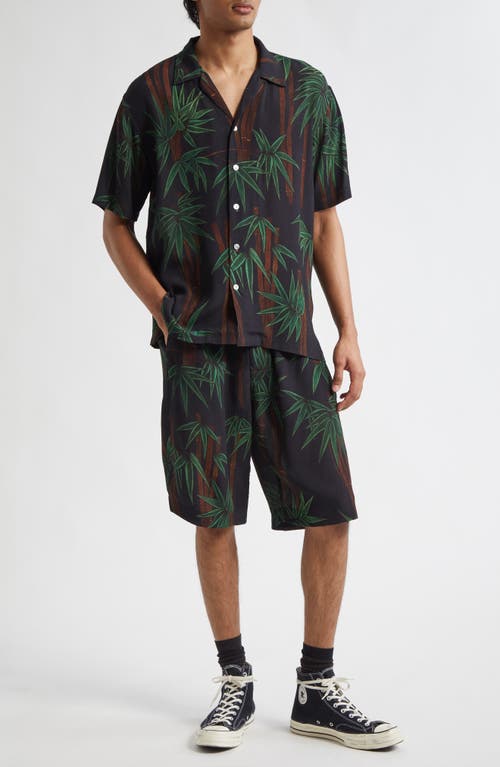 Endless Joy Bamboo Print Crepe Button-up Shirt In Black
