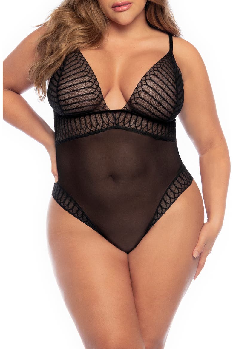 Sheer Lace & Mesh Teddy, Main, color, BLACK