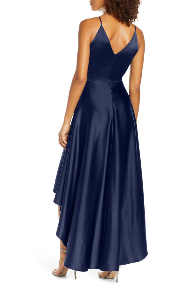 Katherine Surplice High/Low Satin Gown, Alternate, color, NAVY
