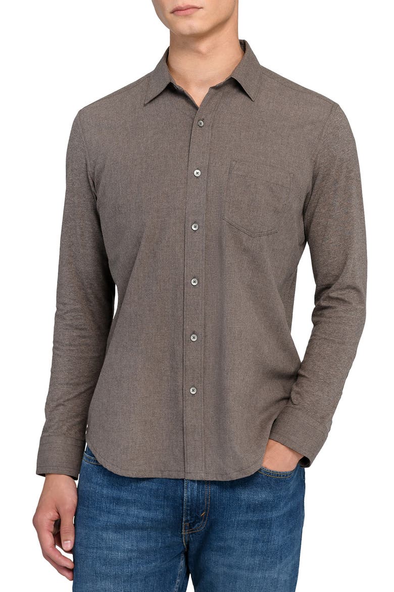 Reworked Slim Fit Heathered Brown Cotton Button-Up Shirt, Main, color, BROWN