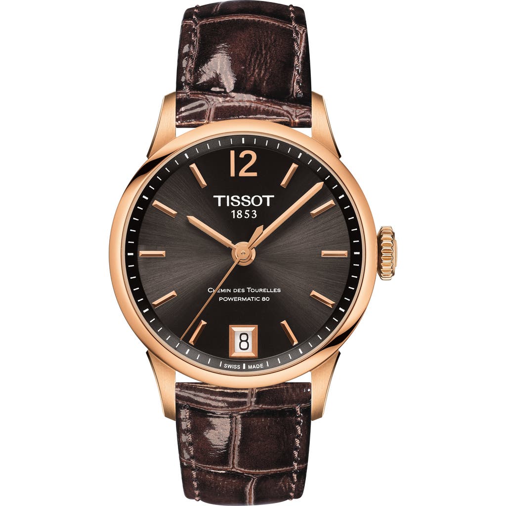 Tissot Chemin Des Tourelles Powermatic 80 Lady Leather Strap Watch, 32mm In Brown/gunmetal/rose Gold