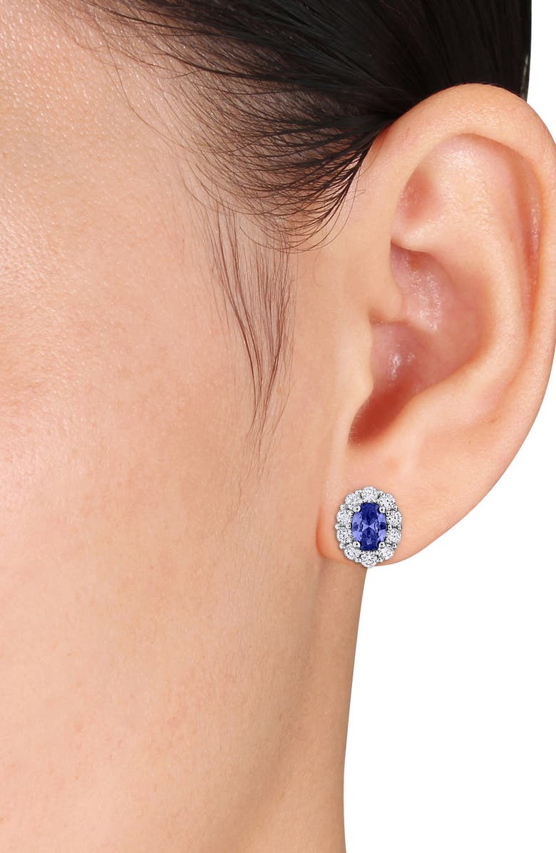 DELMAR Halo Oval Cut Lab Created Blue Sapphire Stud Earrings & Pendant Necklace Set, Alternate, color, Blue