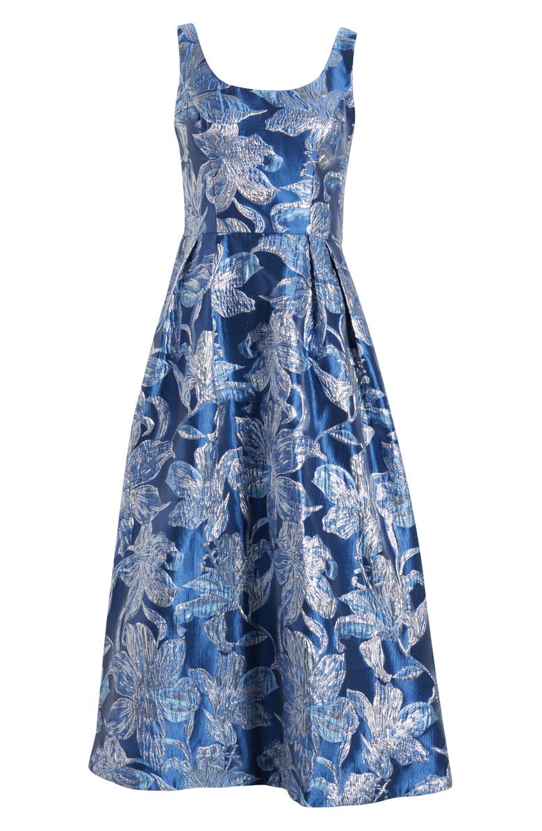 Tahari ASL Floral Brocade Midi Cocktail Dress, Alternate, color, Riverside Blue