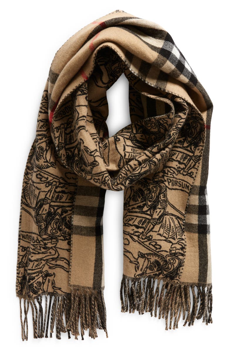 Burberry Equestrian Knight Cashmere Fringe Scarf, Alternate, color, 