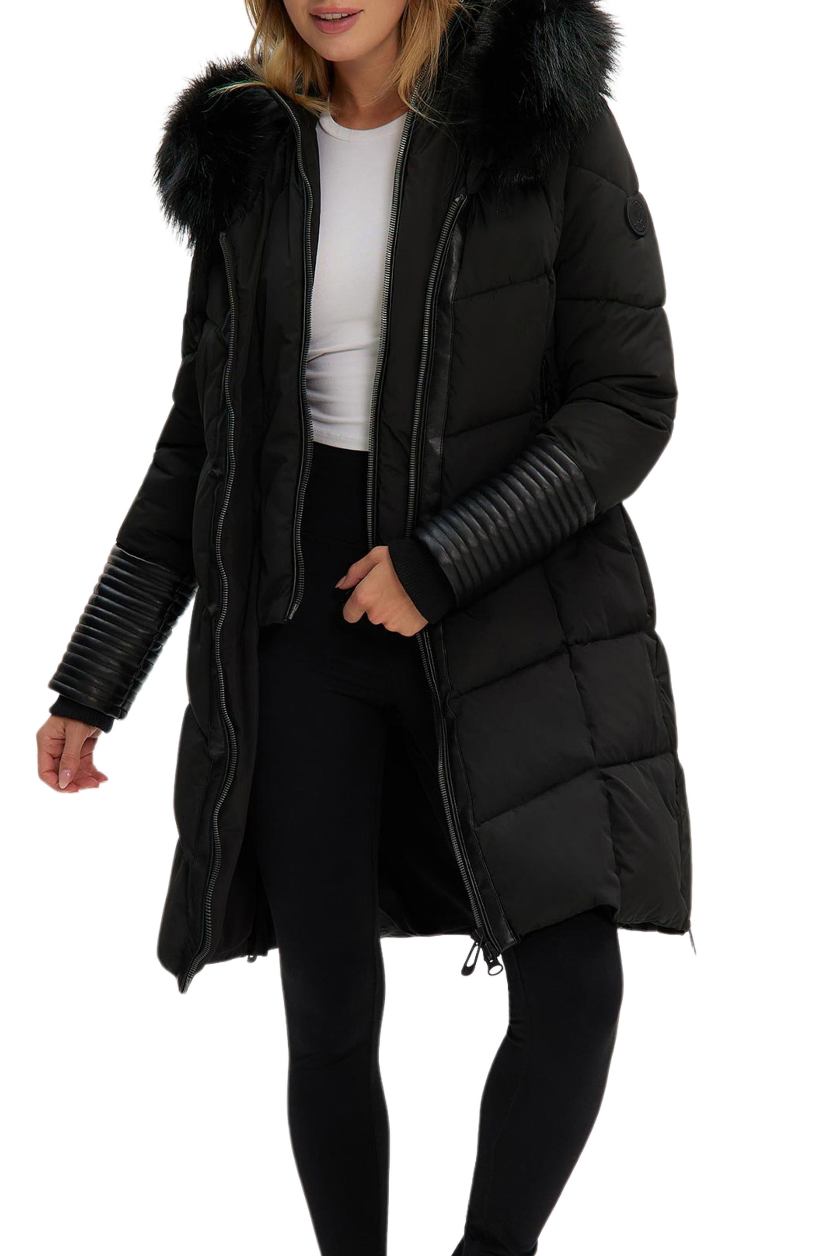 Noize Priya Water Resistant Mixed Media Parka with Faux Fur Trim
