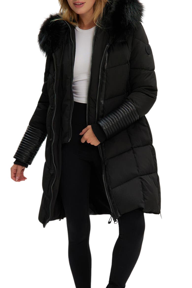 Priya Water Resistant Mixed Media Parka with Faux Fur Trim, Main, color, BLACK