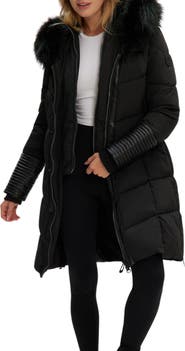 Noize Priya Water Resistant Mixed Media Parka with Faux Fur Trim