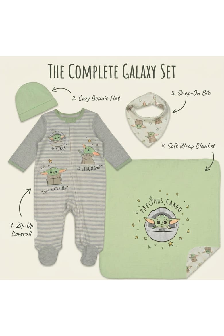 The Mandalorian Grogu Baby Shower 4-Piece Coverall and Accessory Set, Alternate, color, Grogu Sage Green