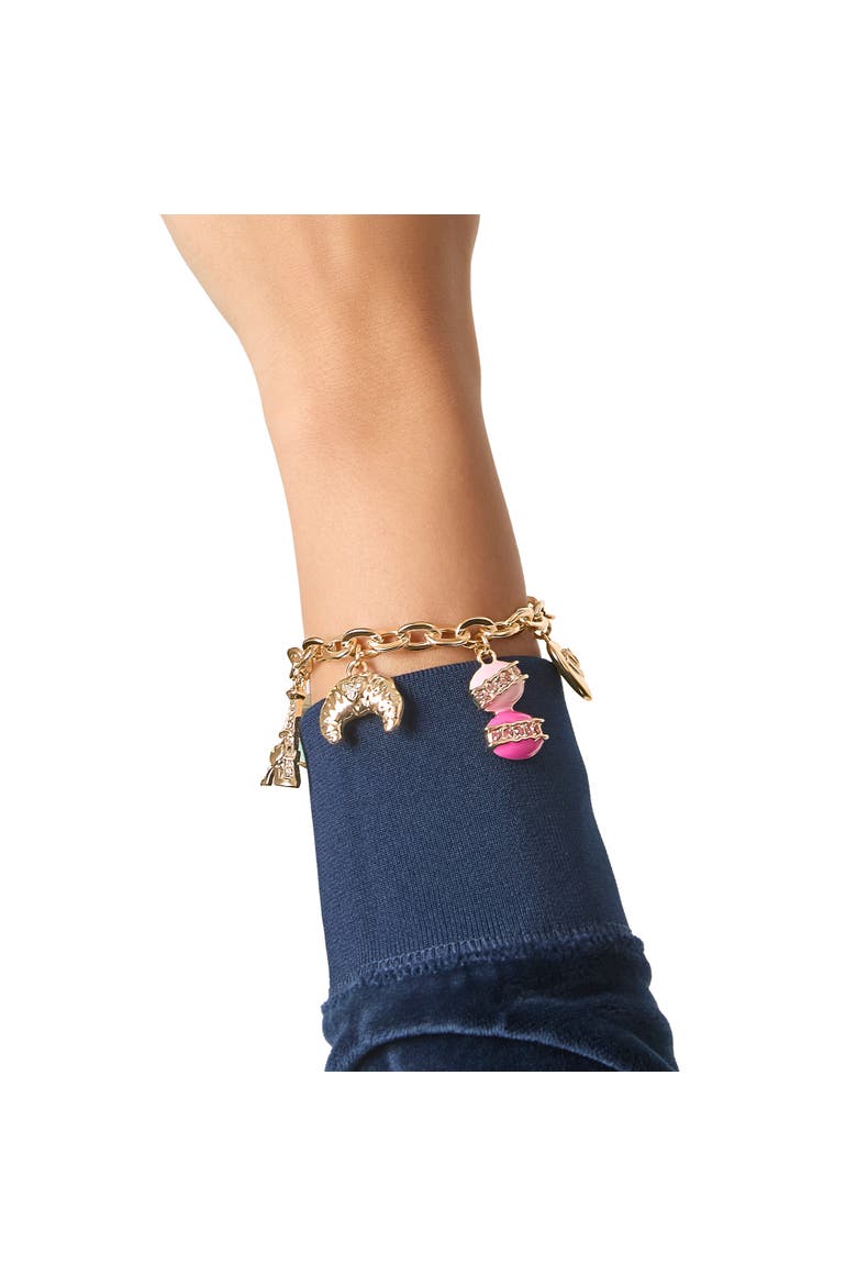 Paris Travel Charm Bracelet, Macaron, Croissant, Alternate, color, Gold Tone