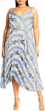 City Chic Amelia Floral Pleated Handkerchief Hem Dress