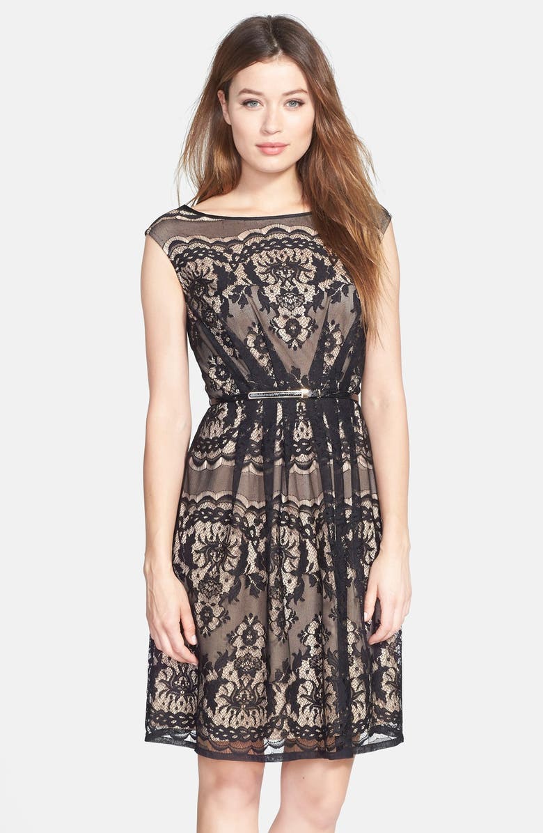 Adrianna Papell Belted Lace Fit & Flare Dress, Alternate, color, 