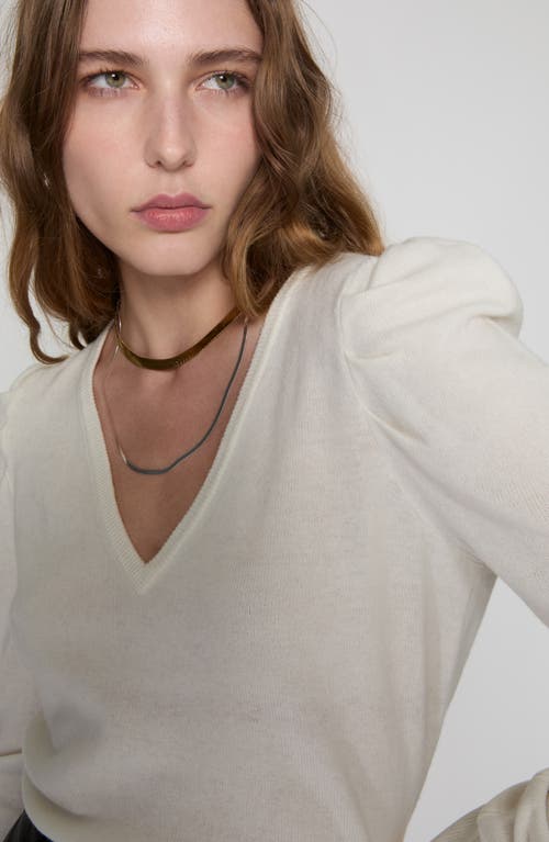 Rebecca Minkoff Janine Puff Shoulder Merino Wool V-neck Sweater In Winter White