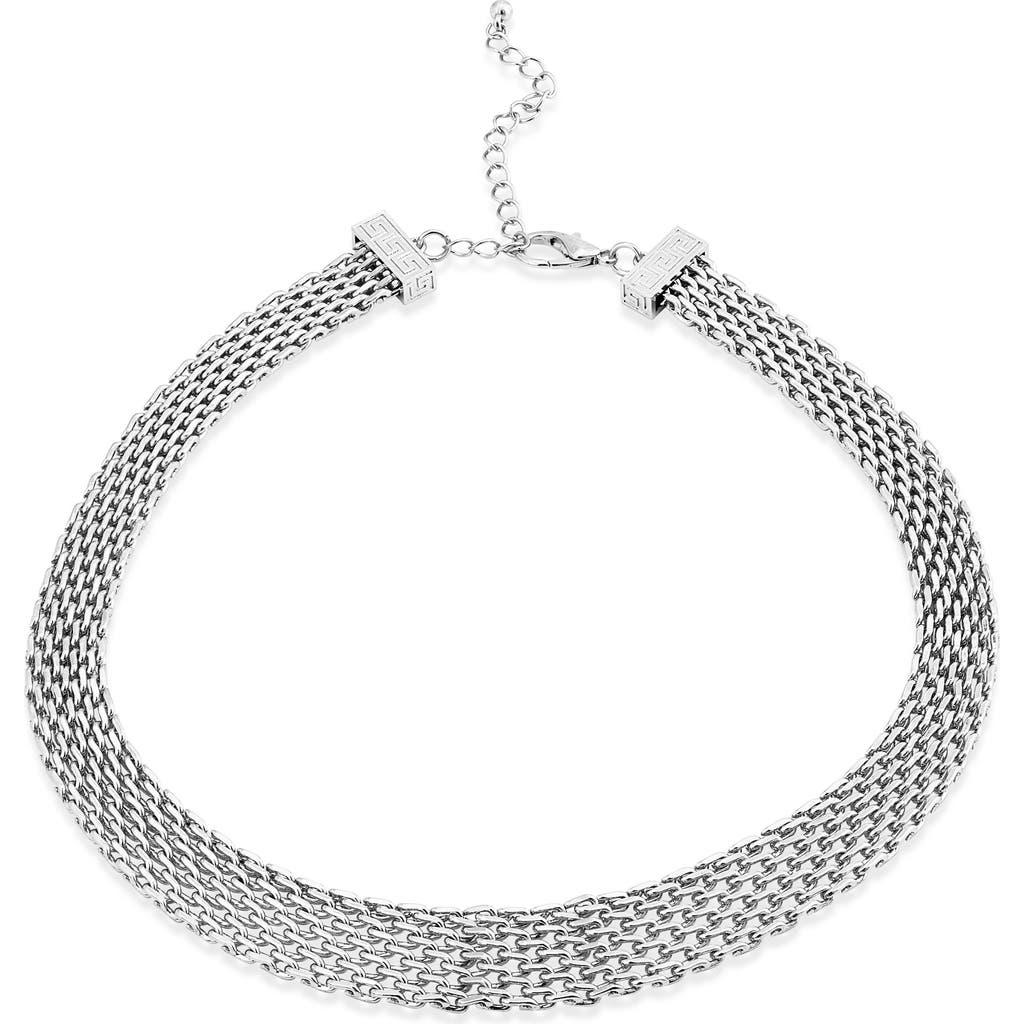 Savvy Cie Jewels Rhodium Plated Mesh Greek Key Statement Necklace In Silver