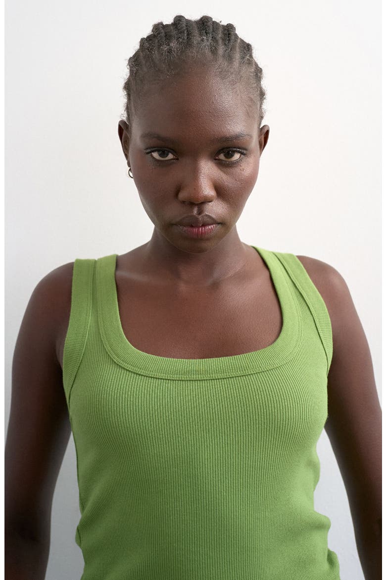 Square Neck Stretch Cotton Rib Tank, Alternate, color, MEDIUM GREEN