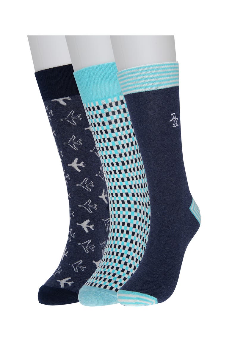 3-Pack Pattern Crew Socks, Main, color, TEAL