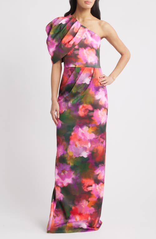Black Halo Egan Puff Sleeve One-shoulder Gown In Rose Fields