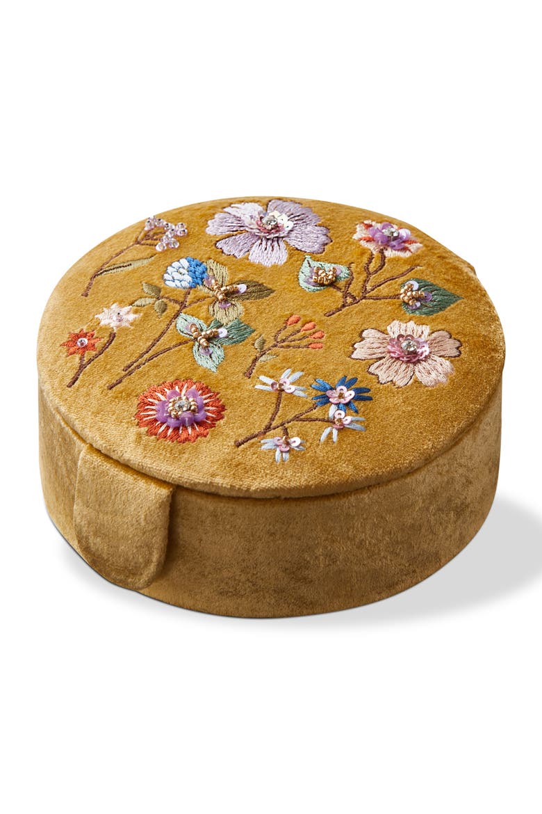 Floral Embroidered Round Box Yellow Multi Velvet Fabric Everyday, Main, color, Yellow
