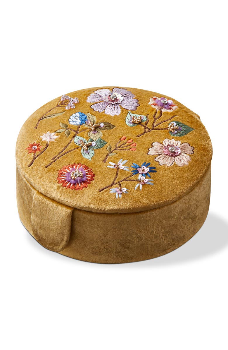 tag Floral Embroidered Round Box Yellow Multi Velvet Fabric Everyday, Main, color, Yellow