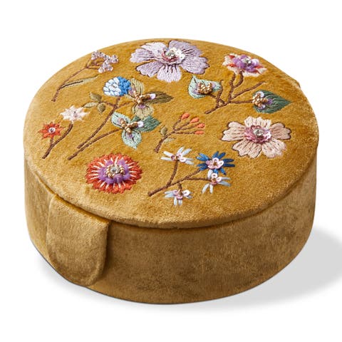 Floral Embroidered Round Box Yellow Multi Velvet Fabric Everyday